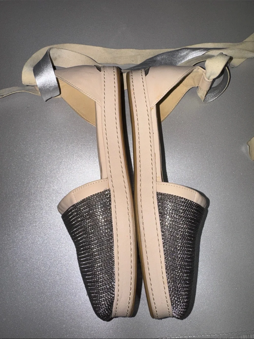 Stuart Weitzman Leather Roman Mail Armor Silver Chain Ballerina Lace Up Flats